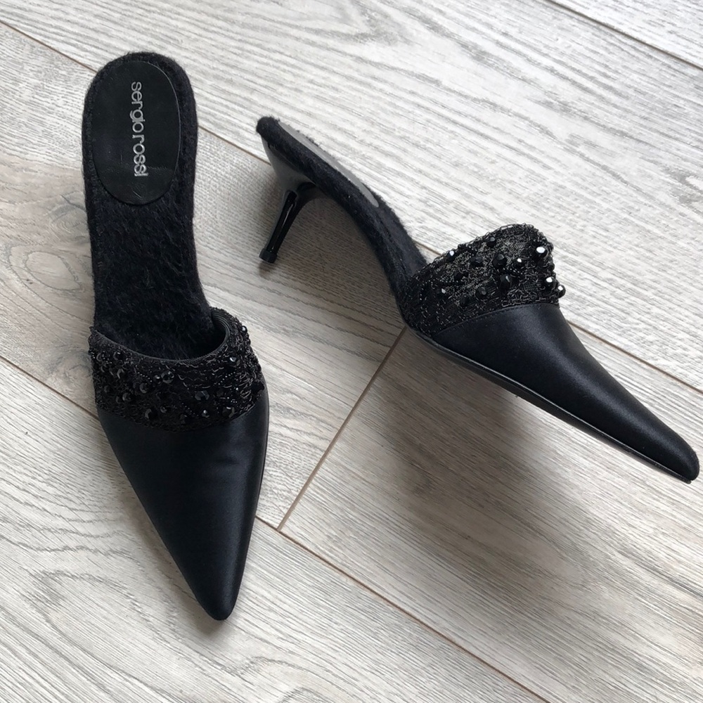 New Sergio Rossi pointed toe satin wire beaded mule kitten heels black 7.5